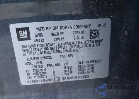 2022 Chevrolet Trax Awd Lt z USA, uszkodzony, nr VIN KL7CJPSM7NB560335